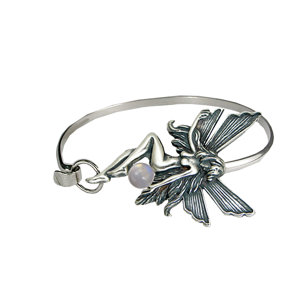Sterling Silver Fairy Strap Latch Spring Hook Bangle Bracelet With Rainbow Moonstone Sterling Silver Fairy Strap Latch Spring Hook Bangle Bracelet With Rainbow Moonstone